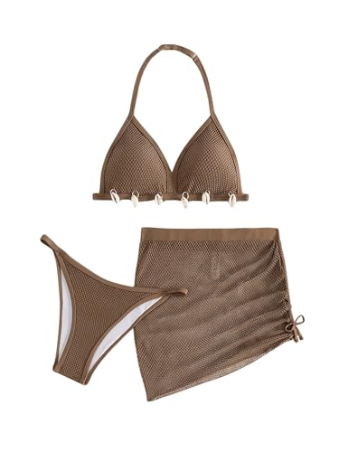 Image of WDIRARA Girl's 3 Piece Swimsuits Crochet Halter Bikini Set Bathing Suits with Cover Up Skirt Coffee Brown 9Y