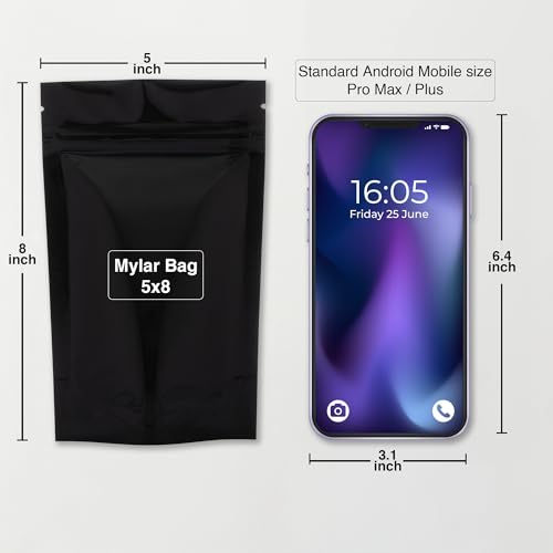 Image of BELLE KR 100pcs Black Mylar Bags with Gusseted Bottom - Extra Thick 3.937 Mil - 5 inchx8 inch Resealable Stand Up Mylar Ziplock Bags with Label Stickers