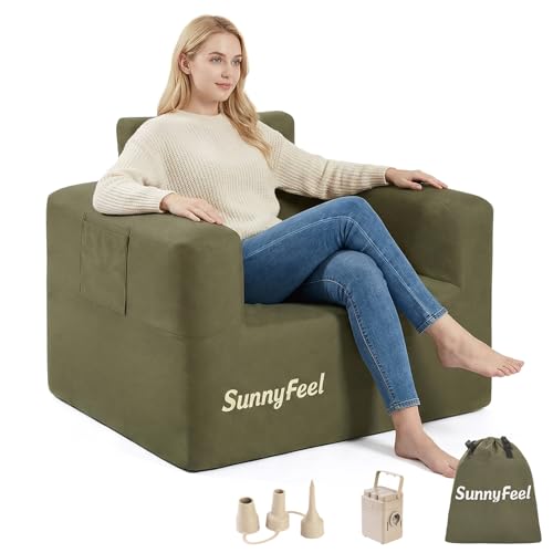 SUNNYFEEL Inflatable Sofa Chair, Heavy Duty 330LBS Portable Air Sofa with Built-in Pump, 1000D Oxford Fabric for Camping, Beach & Travel (Army Green-Single)