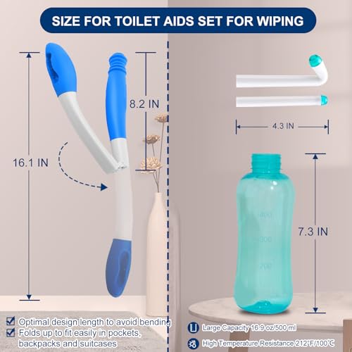 Foldable Toilet Aids Set for Wiping – 2PCS Personal Hygiene Kit with Collapsible Butt Wiper Tool & Dual-Nozzle Peri Bottle , Wiping Aid for Post-Surgery Recovery, Elderly and Travel Use (Blue, Ultra) - Image 3