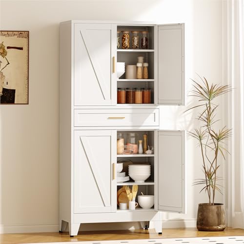 Image of COFaR 71 inch Tall Pantry Cabinet with Drawer, White Storage Cabinet with Adjustable Shelves, 3-Section Freestanding Cupboard for Kitchen Organization