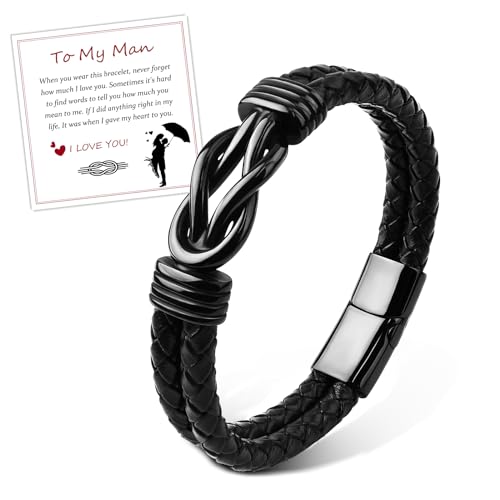 FANCIBAND Regalos Originales para Hombre, Pulsera Hombre Cuero Negro con SíMbolos Infinitos, Regalo Hombre Aniversario Boda CumpleañOs Navidad San ValentíN Parejas Marido Novio