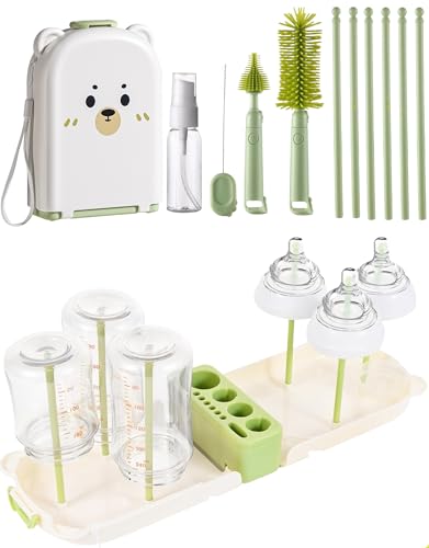 Image of Travel Bottle Cleaner kit, 7in1 Baby Toddler Travel Essential Silicone Bottle Brush Set, Nipple, Drying Rack, Straw, & Breast Pump Cleaning, Soap Dispenser & Organizer Case, Gift for Mom