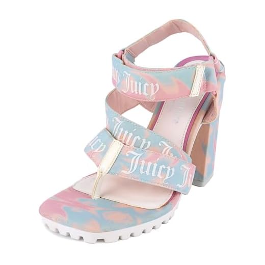 Juicy Couture Womens Chunky High Heels Dress Sandals Open Toe Ankle Strap Strappy Wedding Bridal Party Dance Shoes for Women- Georgette Cotton Candy-7.5