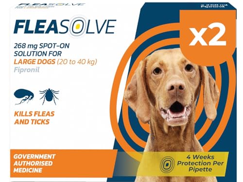 Dog Flea Treatment Large Dog x 2 - Spot on Flea Treatment for Dogs Large 20-40 kg - Fast Acting FleaSolve Solution 2 x Pipettes - 2 x Doses - Effective Spot-On Treatment