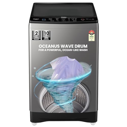 Image of Haier 8 kg 5 Star Oceanus Wave Drum Washing Machine Fully Automatic Top Load (‎ETL80-HBFS5NZP,Brown Grey)