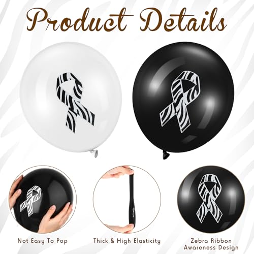 Image of Hungdao 100 Pcs Rare Disease Awareness Balloons Decoration Zebra Ribbon Cancer Awareness Supplies Neuroendocrine Carcinoid Cancer Decor Black and White Balloons Arch for Party Gift