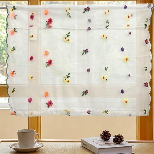 FOSDICK 1 Pieza Visillos Cortos para Ventanas 70x45cm, Flores de Colores Cortinas Cortas para Ventanas, Estilo Rústico Cortinas Cocina Ventana, Visillos Cocina para Comedor, Baño, Bistro, Cafeterías