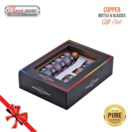 Image of Classic Steels Elegant Ethnic Green Copper Water Bottle Set with 2 Glasses - 1L Capacity | Best Gift For Diwali, Wedding Anniversary And All Other Occasions. (Blue Ethnic Copper Bottle Set)