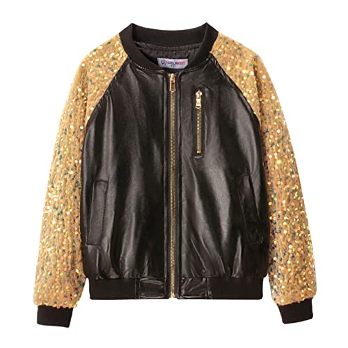 Image of WELAKEN Girls Sequin Sparkle Zip Bomber Jacket | Sequin sleeves, shiny bomber style, ribbed trim, smooth zipper and side pockets for party, dance, school and photos