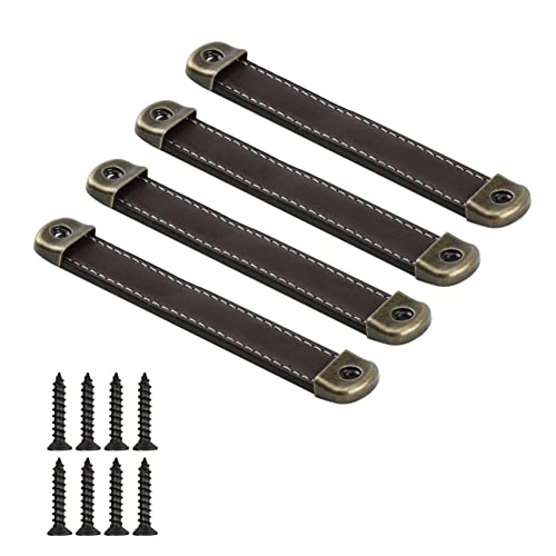 CONPHERON 4 Pcs Vintage Leather Handles Furniture Kitchen Drawer Pull Cabinet Door Handle Retro Handmade Leather Handles for Cupboard Pulls Drawer Knobs 128mm