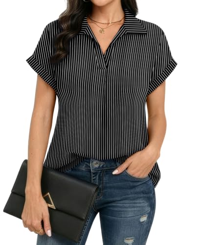 Askyes Women's V Neck Drop Short Sleeve Summer Blouses Chiffon Dressy Casual Office Work Shirts Tops Black White Stripe M