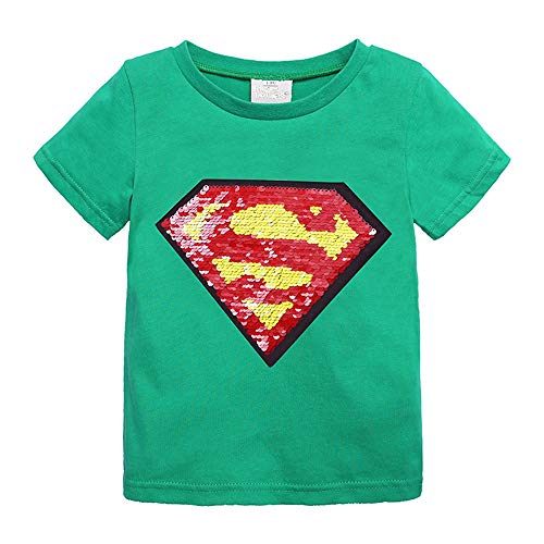 Toddler Little Kids Baby Boys Girls Magic Flip Sequins Super-Man Superhero Tshirt,Short Sleeve Crew Neck Pullover Tees Tops Green