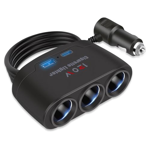 LAIVIYA Adaptador Mechero Coche a Enchufe, 5 En 1 Ladrón Mechero Coche Con 3 Puertos Mechero+1 Puerto USB+1 Conector Pd, 120w Cargador Coche Para Coches 12v/24v