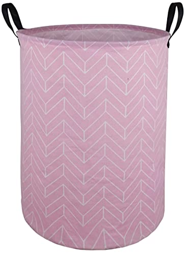 Image of ACMUUNI 19.7" Round Canvas Large Clothes Basket Laundry Hamper with Handles,Waterproof Cotton Storage Organizer Perfect for Kids Boys Girls Toys Room, Bedroom, Nursery,Gift Basket(Pink geometry)