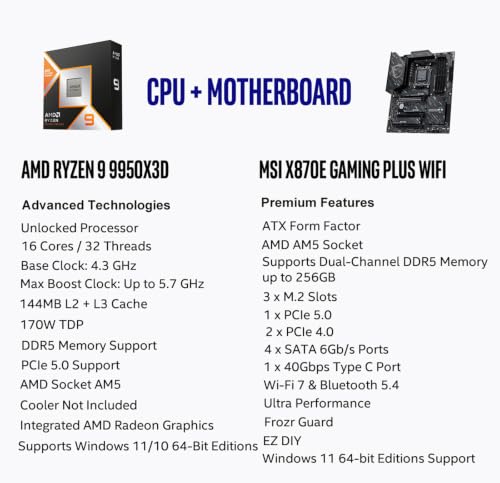 Image of MICRO CENTER AMD 9950X3D Processor with MSI X870E Gaming PL WF Motherboard | CPU Motherboard Combo, AMD Ryzen 9 9950X3D CPU Processor, AM5, DDR5, PCIe 5.0 Support, 40Gbps Type C Port