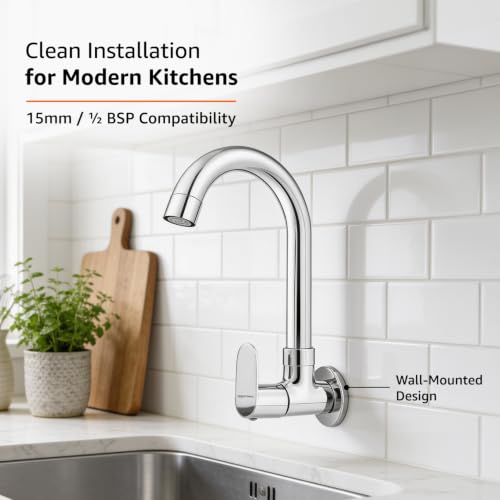 Image of Amazon Basics Round Kitchen Faucet | Cold-Only Single Lever Sink Tap with 360 Degree Swivel Spout | Aerated Water Flow | 15mm / 1 /2 BSP | Kitchen Use [Chrome]