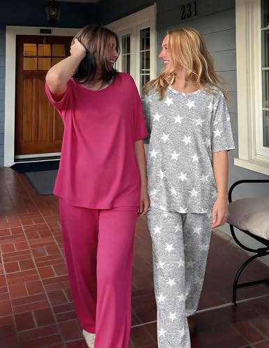 Image of Ekouaer 2 Pack Womens Pajamas Sets Short Sleeve Long Pants Pjs Lounge Set