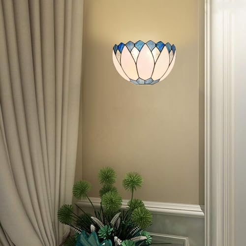 Image of WL0006 Blue White Lotus Tiffany Style Wall Sconce Stained Glass Wall Light Fixtures for Hallway Stairway Bedroom Livingroom, 12 Inches Wide(Blue White)
