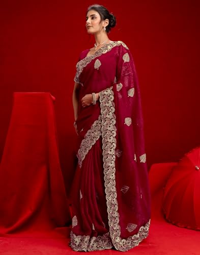 Image of SIRIL Women's Shimmer Chiffon Sequence Embroidery Saree With Unstitched Blouse Piece for Wedding and Parties