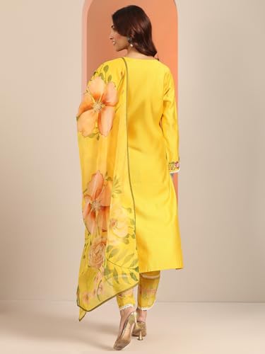 Image of Libas Embroidered Silk blend Straight Kurta With Trouser and Dupatta | ethnic wear | bridal suit | wedding dress | occasion wear