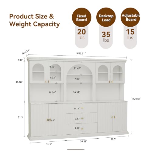Image of ivaniti 71 inch Arched Kitchen Pantry Cabinet Set of 3, White Freestanding Storage Hutch Combination with 2 Glass-Door Coffee Bar Cabinets and 1 Three-Drawer Open Shelf Cabinet for Kitchen
