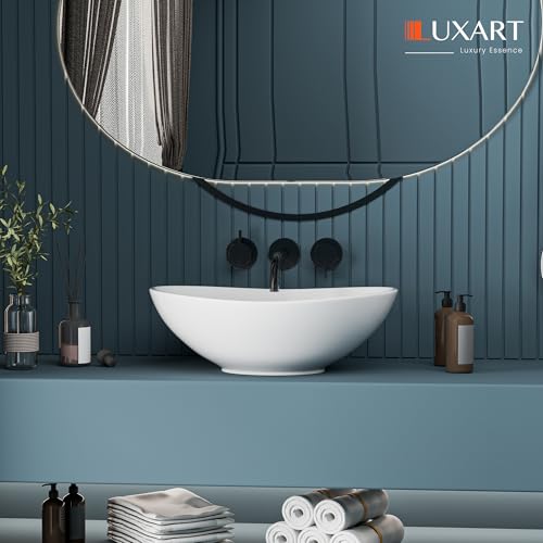 Image of LUXART Tabletop Wash Basin For Bathroom - 17 x 10 x 6.5 Inc Ceramic Glossy White Countertop Washbasin | Vessel Sink For Hotel, Dining Hall, Vanity | Over counter Top Washroom Sink