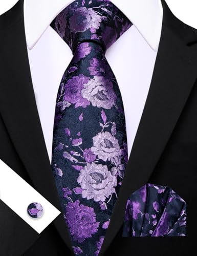 Image of Barry.Wang Flower Ties for Men Handkerchief Cufflinks Set Wedding Necktie Set Party