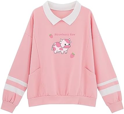 Tuislay Women Cute Strawberry Cow Sweatshirts Kawaii Aesthetic Clothes Pullovers for Teen Girls Turn-Down Collar Tops