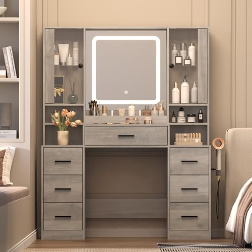 Image of Wodeer Grey Makeup Vanity Desk with Mirror & Lights, Modern Vanity Table with Charging Station, 7 Drawers, Glass Cabinet, Adjustable Shelves, Bedroom Dressing Table Set for Women & Girls