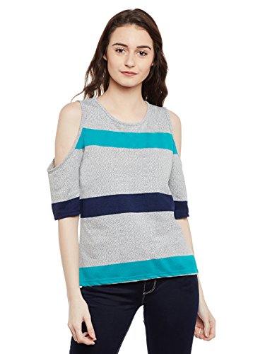 Image of Miss Chase Women's Multicoloured Round Neck Short Sleeves Striped Cold Shoulder Top
