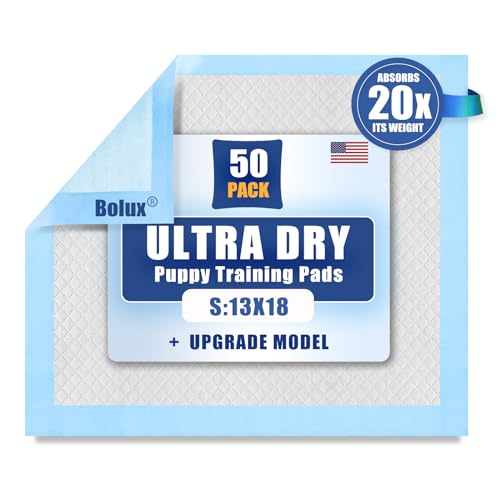 Bolux Dog and Puppy Training Pads, 13”×18” Disposable Dog Pee Pads, 50/Counts Ultra Absorbent & Leak-Proof Pet Underpads, Dry Quickly Pee Pad for Dog Cats Rabbits or Other House Training Pet Bolux Dog and Puppy Training Pads, 13”×18” Disposable Dog Pee Pads, 50/Counts Ultra Absorbent & Leak-Proof Pet Underpads, Dry Quickly Pee Pad for Dog Cats Rabbits or Other House Training Pet