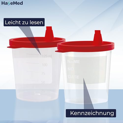 HaseMed Urinbecher 125 ml – 10 Stück Probenbecher mit rotem Deckel – Auslaufsicher, stapelbar & hygienisch für Urinproben, Laborbedarf, Arztpraxis, Klinik, Pflegeeinrichtungen