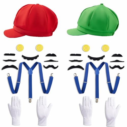 Lukvuzo Accesorios de disfraz de Super Bros para adultos, sombrero de fontanero con bigotes, tirantes, guantes para cosplay, rojo y verde, edad recomendada a partir de 15 años