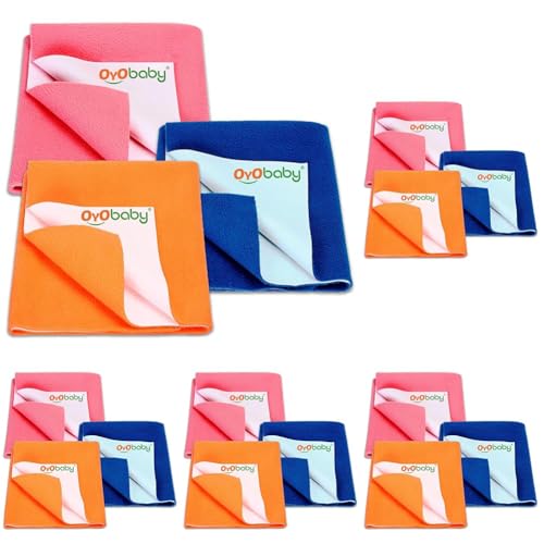 Image of OYO BABY Anti-Piling Fleece Extra Absorbent Instant Dry Sheet for Baby, Baby Bed Protector, Waterproof Sheet, Small Size 50x70cm, Pack of 15, Salmon Rose, Royal Blue & Peach