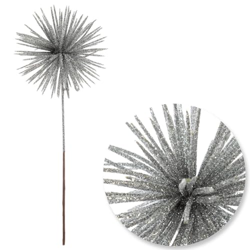 Silver Glitter Urchin Christmas Tree Pick (Set of 2) - Elegant Plastic Christmas Tree Filler w/Brown Paper Stem - Starburst Design Sparkly Winter Party Decor for Wreaths, Garlands, Centerpieces