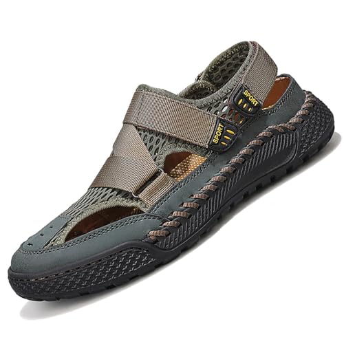 Lossarye Men's Leather Mesh Closed Toe Sandals with Adjustable Hook and Loop Outdoor Waterproof Non-slip Walking Sports Sandals Comfortable Casual Fisherman Beach Sandals