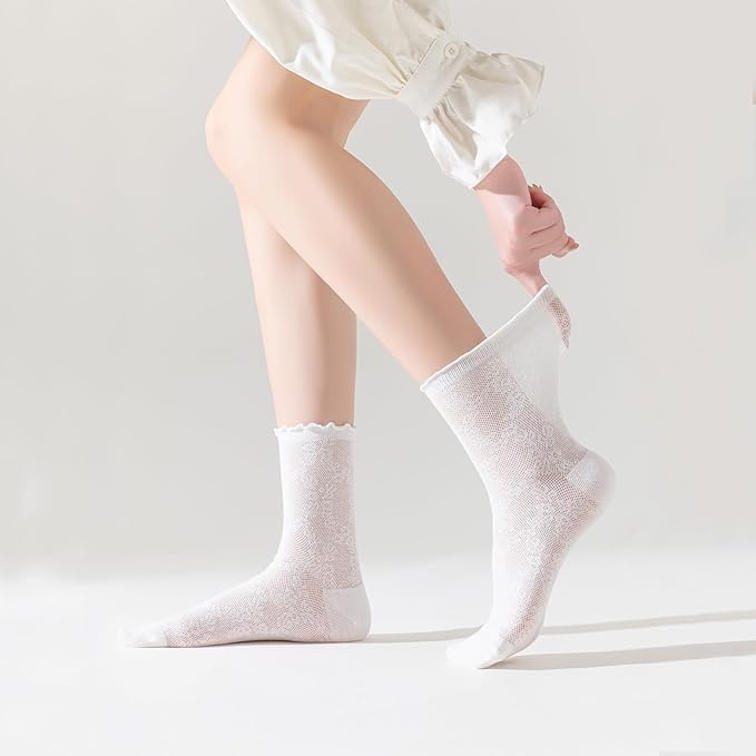 Lot de 6 paires de chaussettes à volants en maille et coton pour femme - Ultra fines - Blanc