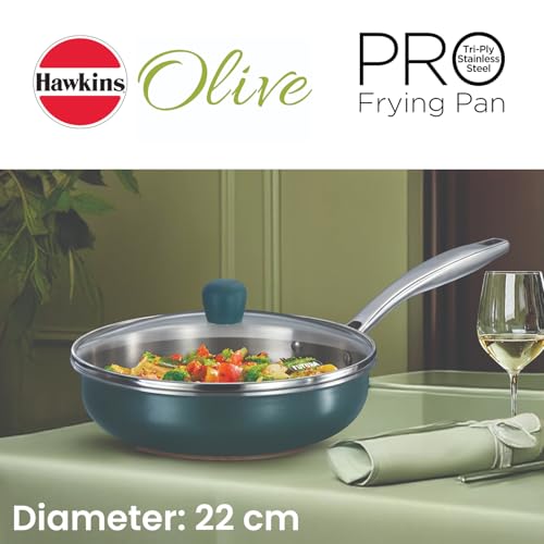 Image of Hawkins 22 cm Triply Stainless Steel Olive Frying Pan | Induction & Gas Compatible | Easy-Clean Ceramic Exterior | with Lid | Green (POSF22G)