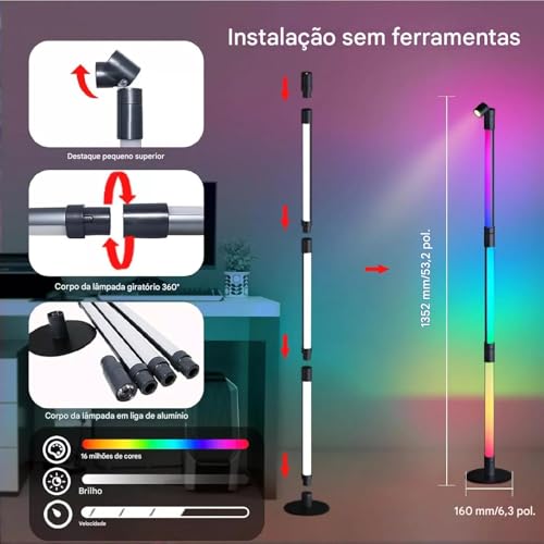 Lâmpada de Piso Led com Mudança de Cor Rgb, Candeeiro de Pé de Canto Inteligente com aplicativo Blue