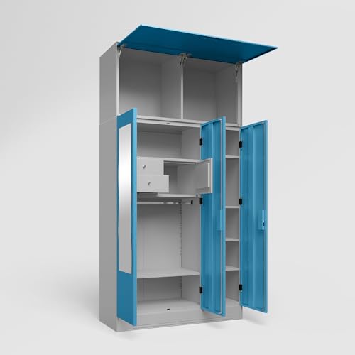 Image of Interio by Godrej Almirah Slimline 3-Door Steel Almirah, Cupboard for Clothes (Royal Ivory and Milky Blue), 1-Year Warranty, 6 Shelves, 1 Locker, 2 Drawers, Overhead Unit, Curvilinear Mirror