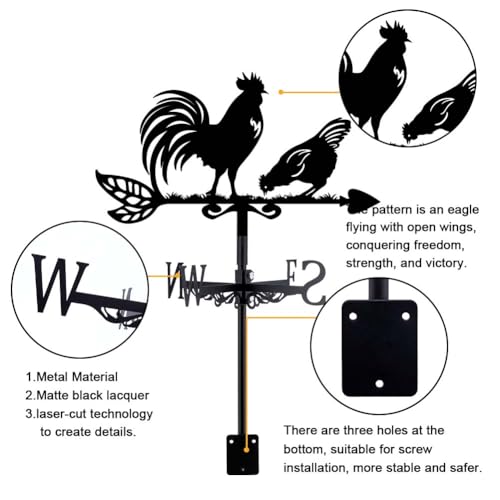 SUPERDANT Rooster Weather Vane for Roof Rooster Metal Weathervane Chicken Wind Vanes for Sheds Black Wind Direction Indicator for Farmhouse Yard Farm Shed Garden Decoration - Image 3