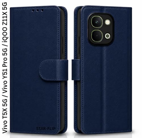 Image of Cover for Vivo T5x 5G / Y51 Pro 5G / iQOO Z11x 5G, Wallet Style, Leather Finish, Magnetic Closure, Inbuilt Stand, Card Pocket (Blue)