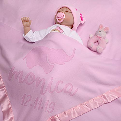 AmazingItems Large Personalized Baby Blanket (Pink) | Cute Elephant | 36x36 Inch, Satin Trim, Fleece - Baby Receiving Blankets - Baby Girl and Boy Gifts, Baby Stuff, Newborn Gifts