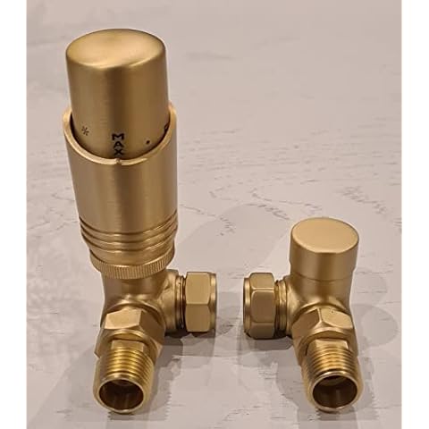 Team Controls Brushed Brass Corner Thermostatic Radiator Valves & Lockshield 15mm Pack Set KT, 15mm x 1/2'' Cover