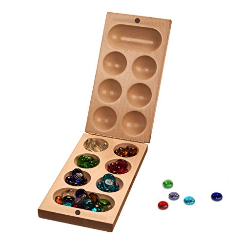 Folding Mancala Game - Solid Maple Wood & Glass Stones (Made in USA) by WE Games
