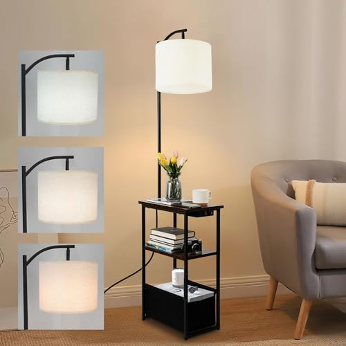 Image of Qupui Floor Lamp with Table, USB Charging, Fabric Basket, Brown