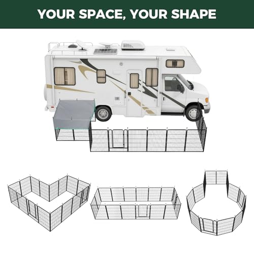 Image of FXW Rollick Unleashed Dog Playpen for Indoor, Yard, RV Camping, 40 inch 16 Panels Dog Pen with Sun Shade for Medium and Large Dogs, Black│Patented