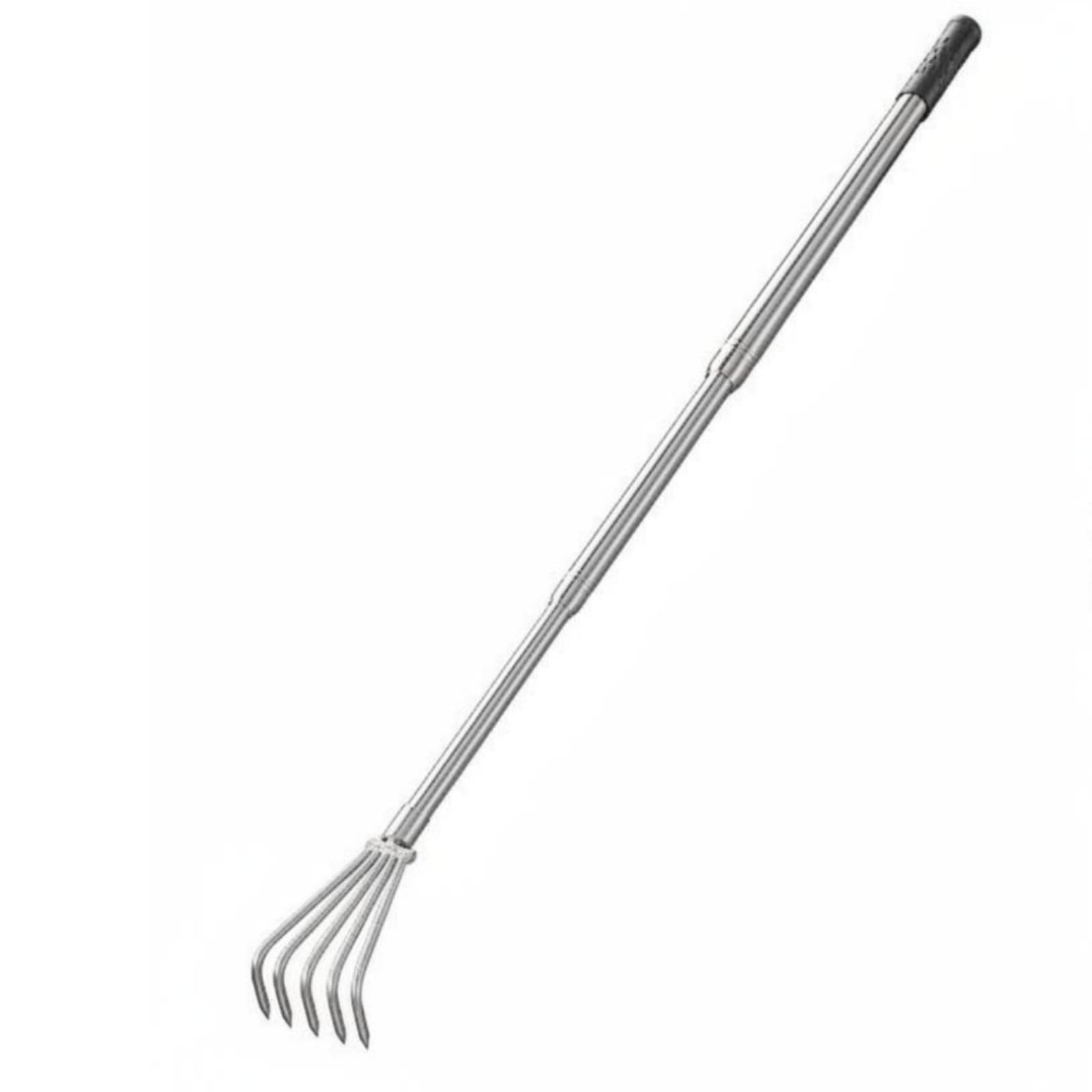 Rastrillo de Jardinería Cultivador Manual de Acero Inoxidable con Mango Telescópico para de Cabezas y Recolección en Suelos Adecuado para Tareas de Jardín Playa Terraza , 5 Dientes