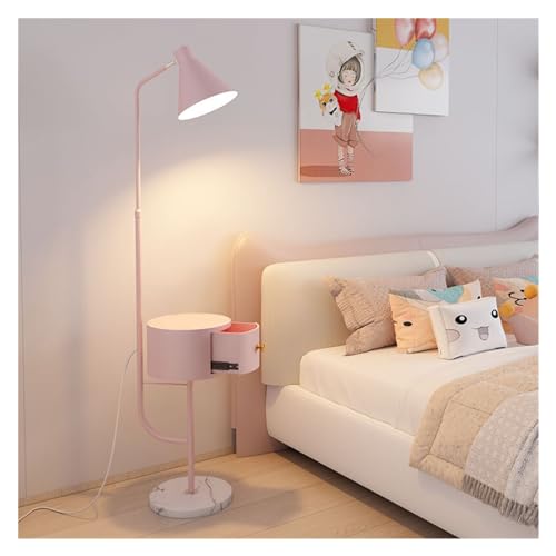 Lámpara de pie beige de diseño moderno con mesa auxiliar integrada y bombilla LED para oficina 1